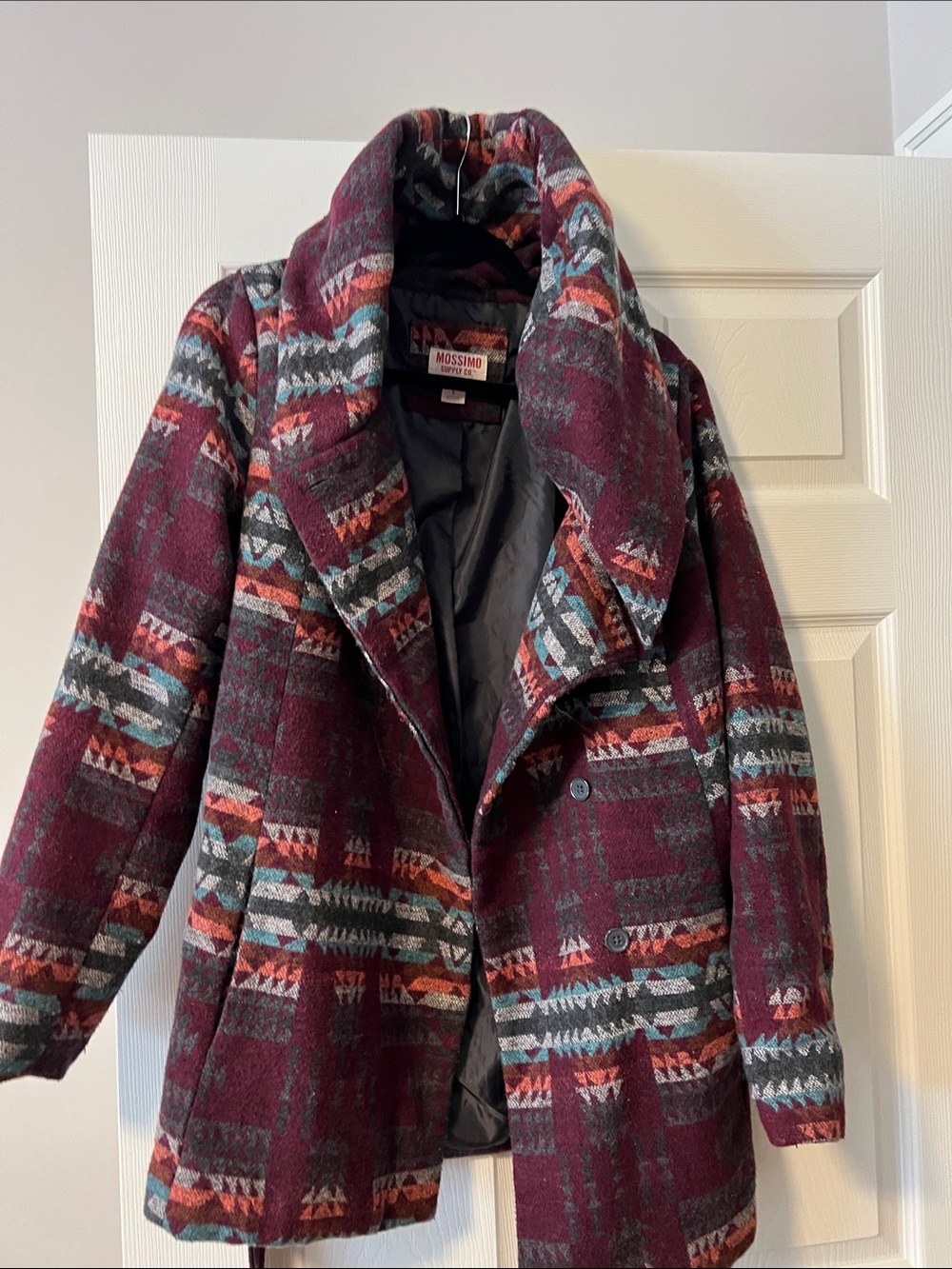 Mossimo Supply Co. Burgundy Patterned Pea Coat with Multicolor Accents